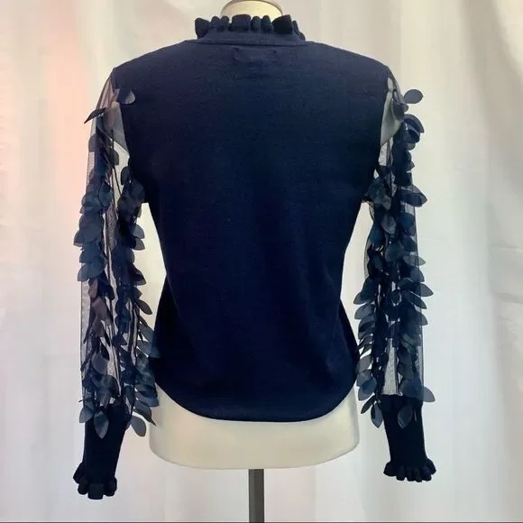 WILD Flower navy Leaf Mesh Sleeves Jumper Sz XS - Picture 6 of 12